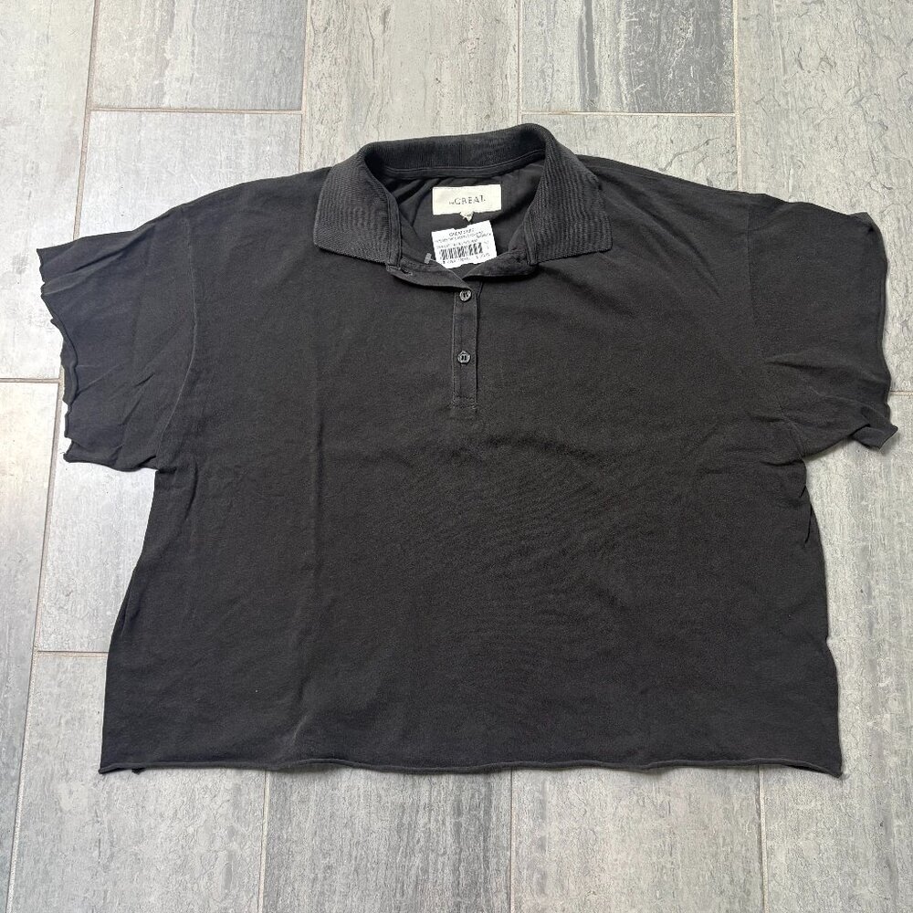 The GREAT. Oversized Boxy Cropped Polo Raw Hem & Sleeves Gray Size 1/Small